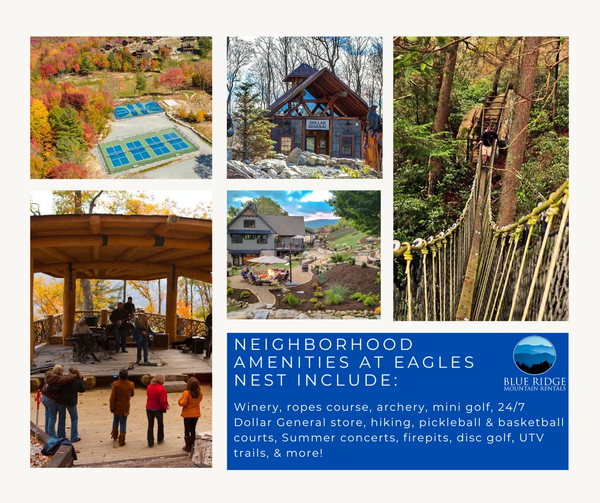 A vibrant outdoor scene featuring the Eagles Nest community’s concert stage surrounded by picturesque cabins, a ropes course, sports courts, and families gathering for events. The area is alive with activity, hinting at amenities such as live music, sports, and communal spaces.